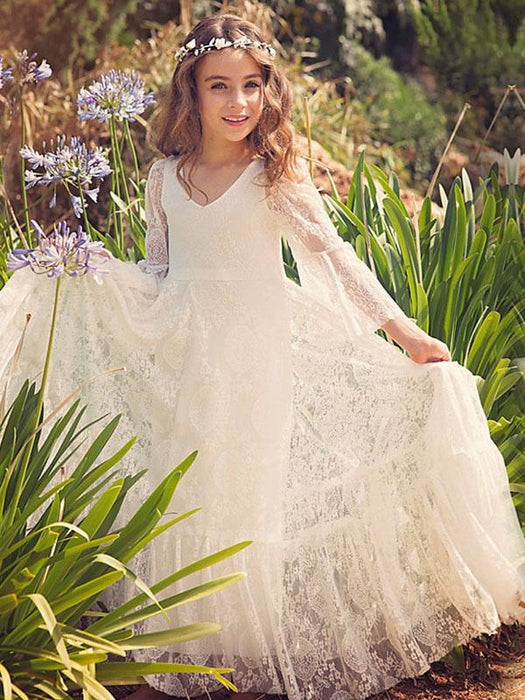 Boho Flower Girl Dress White Lace Flare Sleeve Sash A Line V Neck Ankle Length Junior Bridesmaid Dress