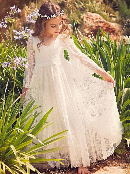 Boho Flower Girl Dress White Lace Flare Sleeve Sash A Line V Neck Ankle Length Junior Bridesmaid Dress