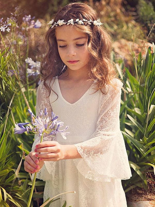 Boho Flower Girl Dress White Lace Flare Sleeve Sash A Line V Neck Ankle Length Junior Bridesmaid Dress