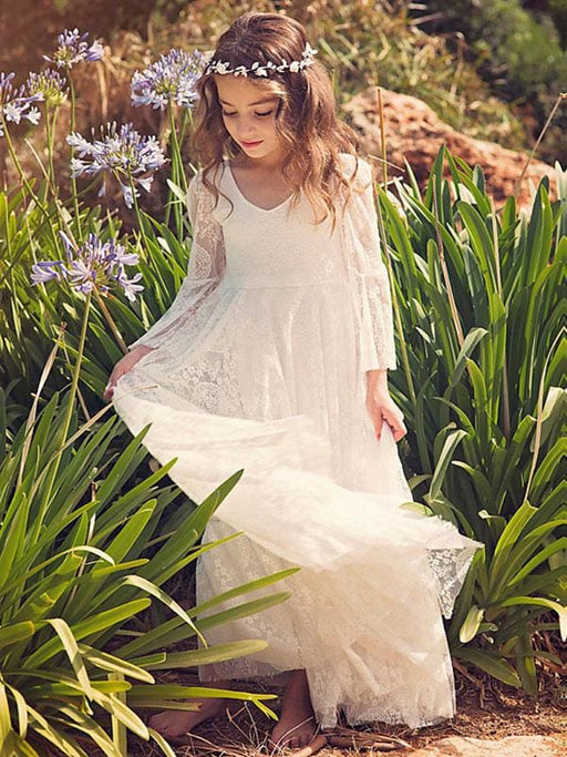 Boho Flower Girl Dress White Lace Flare Sleeve Sash A Line V Neck Ankle Length Junior Bridesmaid Dress