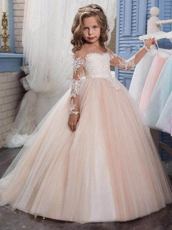 Lovely Long Sleeves Lacw Flower Girl Dresses Jewel Neck Formal Kids Pa — Bridelily