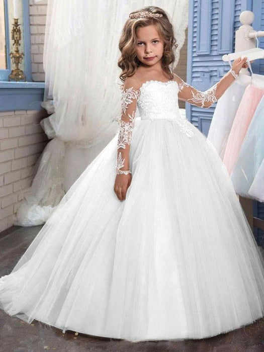 Tulle Scoop Long-Sleeve Beading Flower Girl Dress with Bow - UCenter Dress