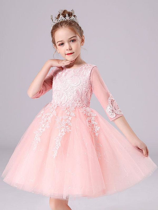 Pink Flower Girl Dresses Jewel Neck Lace Half Sleeves Silhouette Short Princess Dress Kids Social Party Dresses