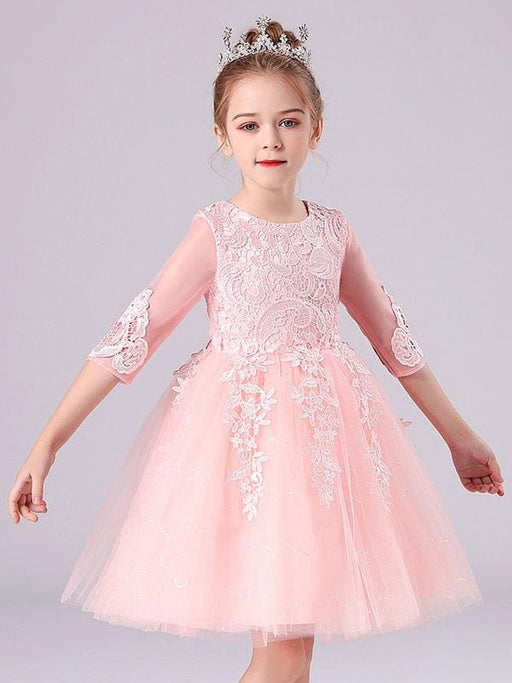 Pink Flower Girl Dresses Jewel Neck Lace Half Sleeves Silhouette Short Princess Dress Kids Social Party Dresses