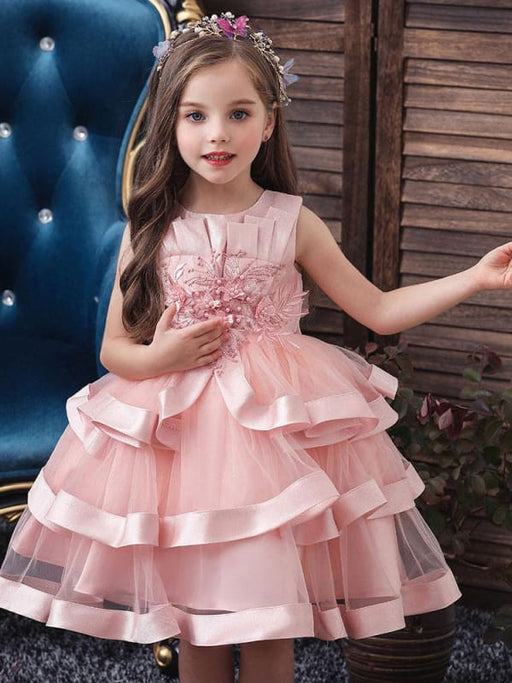 Flower Girl Dresses Jewel Neck Tulle Sleeveless Knee Length Princess Silhouette Flowers Formal Kids Pageant Dresses