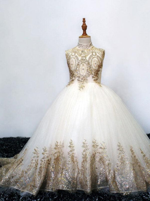 Flower Girl Dresses Stand Collar Sleeveless Applique Kids Princess Dresses