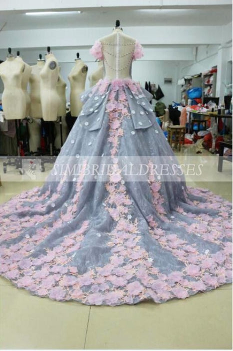 Luxurious Ball Backless Appliqued Long Dress Wedding Gown with Flowers - Prom Dresses