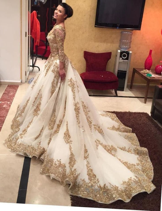 Luxurious Gold Lace Appliques 3/4 Sleeves V Neck Ball Gown Tulle Wedding Dress - Wedding Dresses