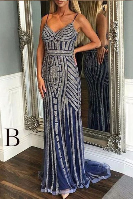 Luxurious Mermaid Spaghetti Straps V-Neck Sparkly Sweep Train Prom Party Dress - Prom Dresses