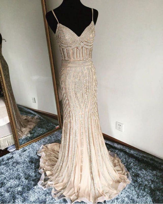Luxurious Mermaid Spaghetti Straps V-Neck Sparkly Sweep Train Prom Party Dress - Prom Dresses