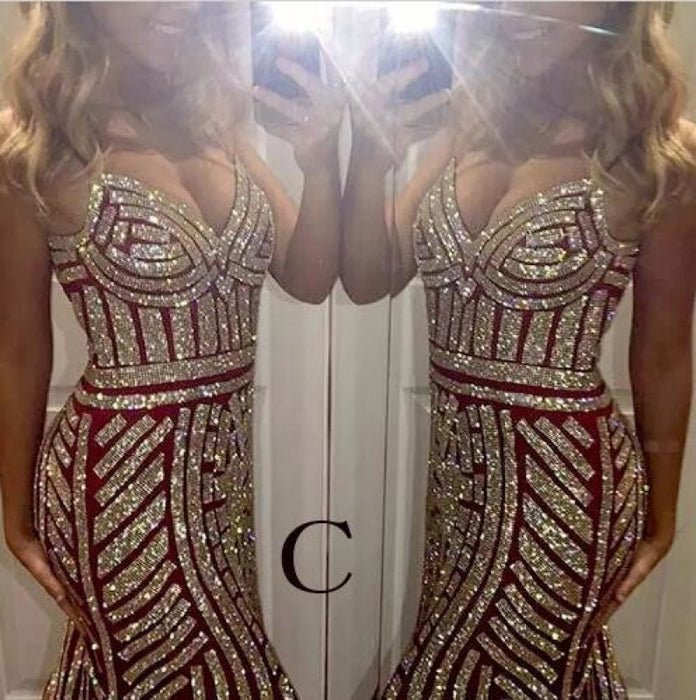 Luxurious Mermaid Spaghetti Straps V-Neck Sparkly Sweep Train Prom Party Dress - Prom Dresses