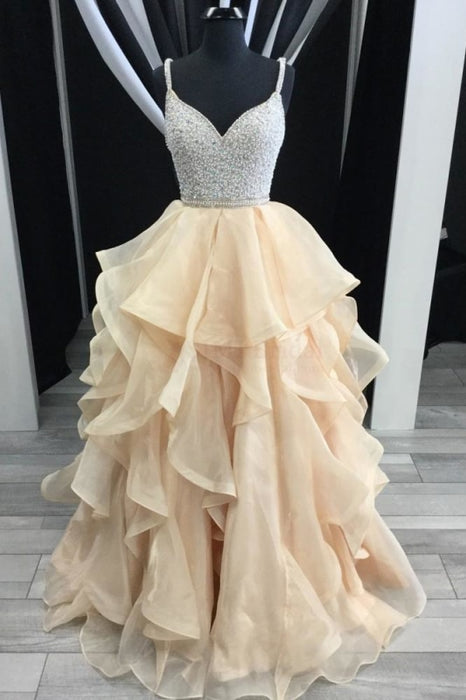 Luxurious Straps V-neck Beading Bodice Tulle Long Prom Dress with Layers - Prom Dresses