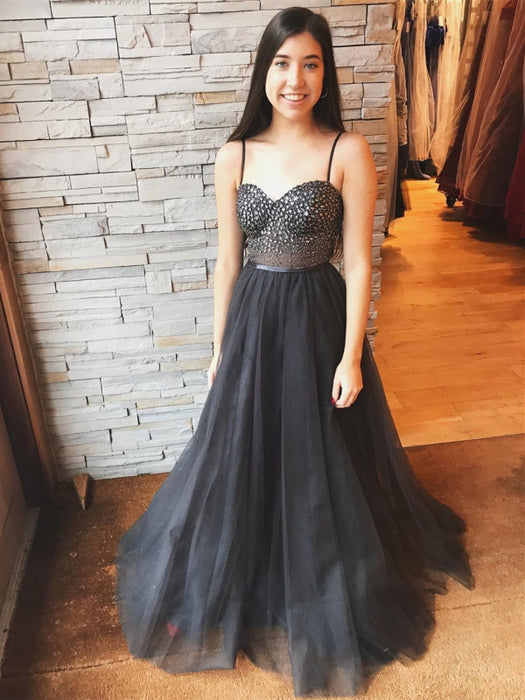 Luxurious Sweetheart Neck Rhinestone Black Long Prom, Spaghetti Straps Bridelily Luxurious Sweetheart Neck Rhinestone Black Long Prom, Spaghetti Straps Bridelily