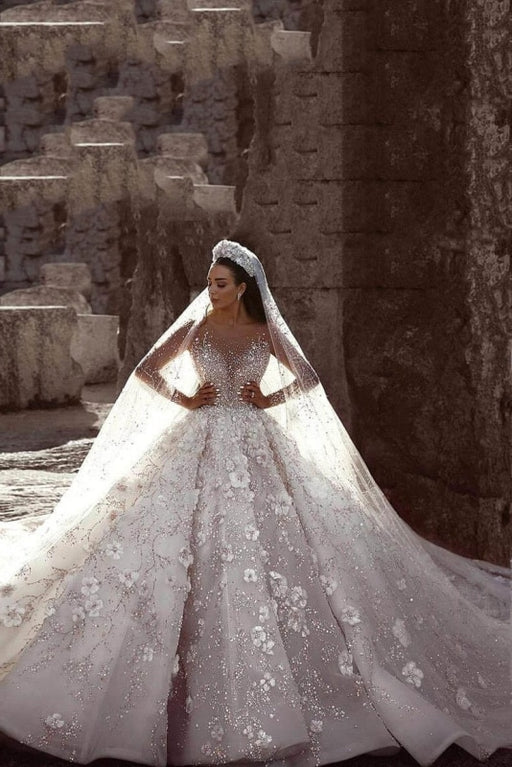 Luxury Beaded Long Sleeve Lace Ball Gown Wedding Dress - Wedding Dresses