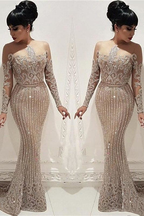 Luxury Beading Crystal Prom Dresses Long Illusion Long Sleeve Mermaid Formal Party Dresses - Prom Dresses