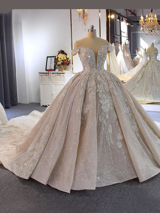 Luxury Beading Off-the-Shoulder With Train Ball Gown Wedding Dresses - Champagne / Long train - wedding dresses