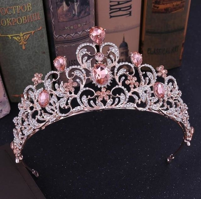 Luxury Crystal Queen Crown Tiaras | Bridelily - Rose Gold Pink - tiaras