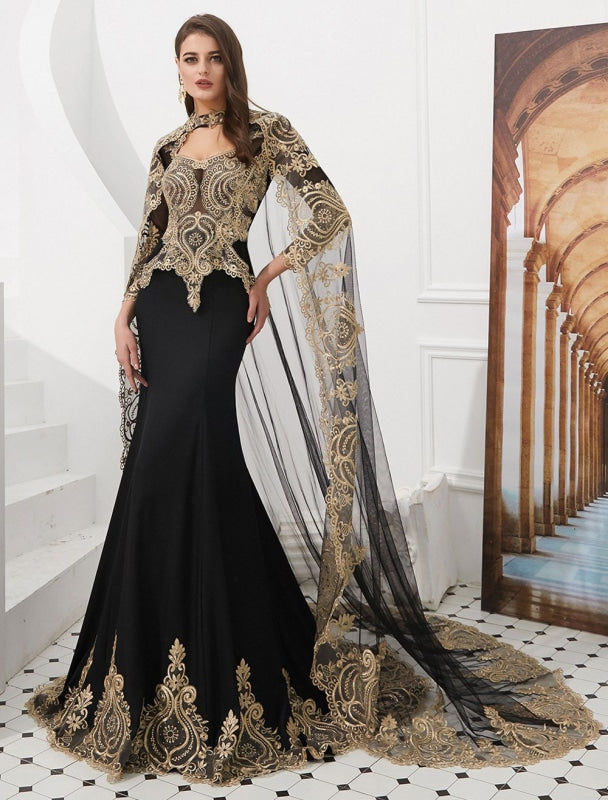 Luxury Evening Dresses Embroidered Beaded Queen Anneneck Long Sleeve Formal Gowns With Cloak