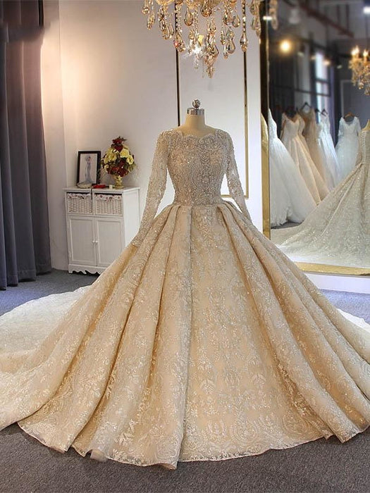 luxury Full Lace Beading Long Sleeves Ball Gown Wedding Dresses - picture color / Long train - wedding dresses