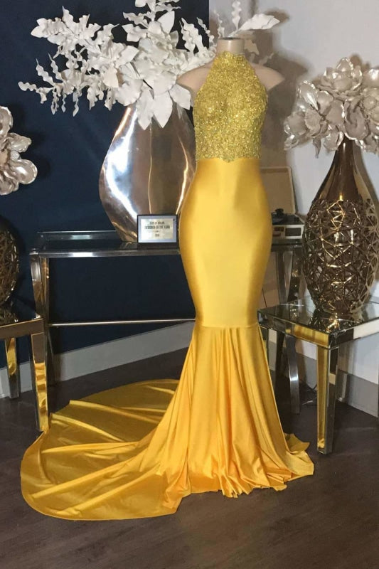Luxury Gold Lace Appliques Halter Sleeveless Mermaid Long Prom Dresses - Prom Dresses