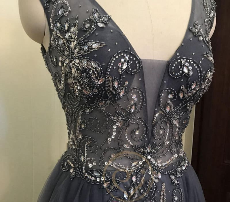Luxury Gray V Neck Sleeveless Tulle Long Prom Dress with Beads Crystal - Prom Dresses