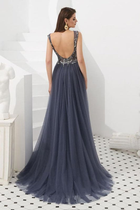 Luxury Gray V Neck Sleeveless Tulle Long Prom Dress with Beads Crystal - Prom Dresses