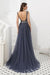 Luxury Gray V Neck Sleeveless Tulle Long Prom Dress with Beads Crystal - Prom Dresses