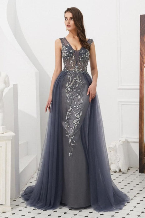 Luxury Gray V Neck Sleeveless Tulle Long Prom Dress with Beads Crystal - Prom Dresses