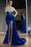 Luxury Halter Royal Blue Satin Mermaid Prom Dress Crystals Gold Appliques Party Dress with Long Sleeves - Prom Dresses