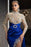 Luxury Halter Royal Blue Satin Mermaid Prom Dress Crystals Gold Appliques Party Dress with Long Sleeves - Prom Dresses