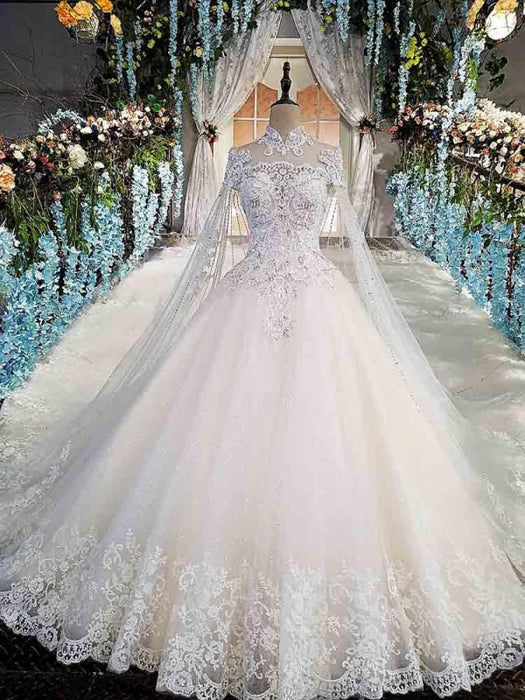 Luxury High Neck Lace Ball Gown Wedding Dress-Bridelily Luxury High Neck Lace Ball Gown Wedding Dress-Bridelily