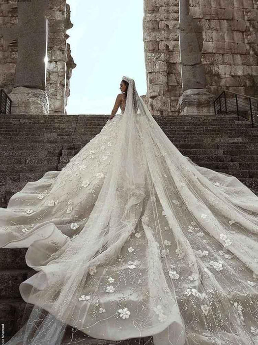 Luxury Long Sleeve V-Neck Ball Gown Wedding Dress-Bridelily Luxury Long Sleeve V-Neck Ball Gown Wedding Dress-Bridelily