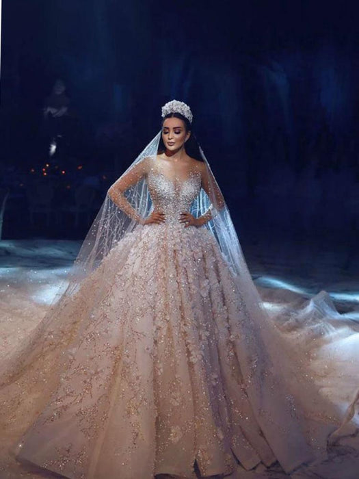 Luxury Long Sleeve V-Neck Ball Gown Wedding Dress-Bridelily Luxury Long Sleeve V-Neck Ball Gown Wedding Dress-Bridelily