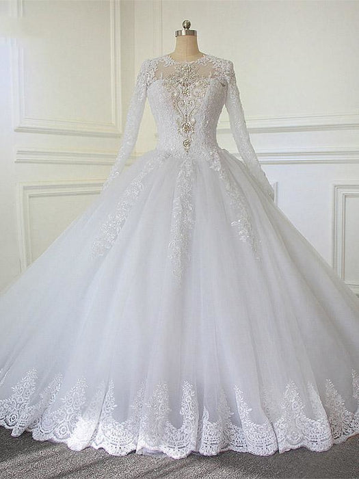 Luxury Long Sleeves CryBall Gown Wedding Dress with Train - White / 50cm - wedding dresses