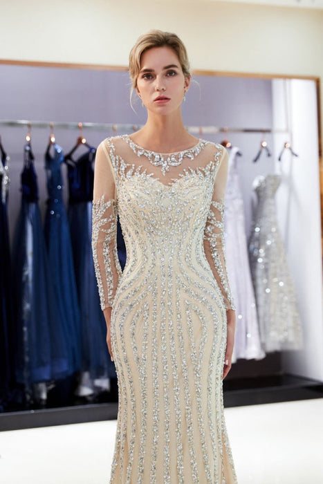 Luxury Mermaid Crystal Sweep Train Long Sleeves Prom Dress - Prom Dresses