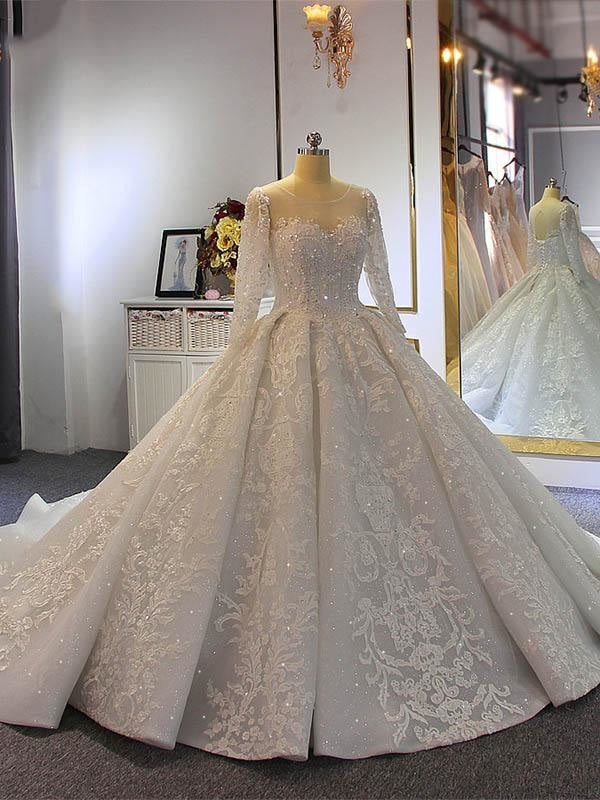 Luxury O-Neck Long Sleeves Lace- Up Ball Gown wedding Dresses - wedding dresses