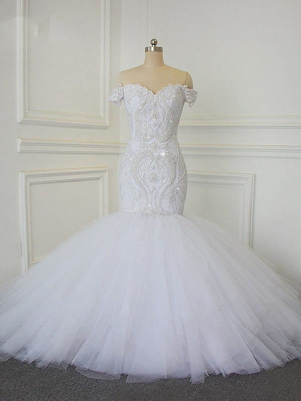 Luxury Off-the -Shoulder Crytstal Tull Mermaid Wedding Dresses - White / Floor length - wedding dresses