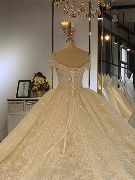Luxury Off-the-Shoulder Lace-Up Ball Gown Wedding Dresses with Beading - wedding dresses