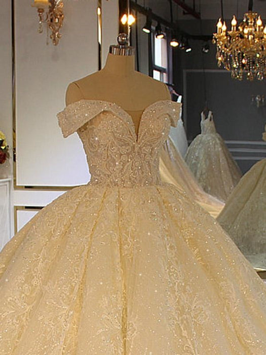 Luxury Off-the-Shoulder Lace-Up Ball Gown Wedding Dresses with Beading - wedding dresses
