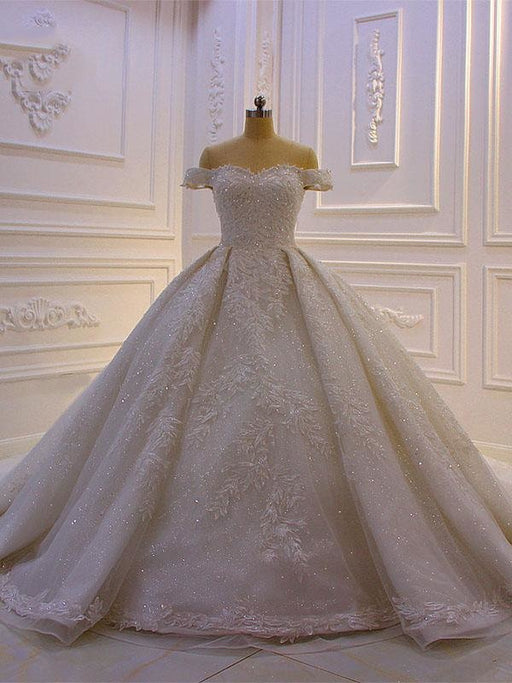 Luxury off-the-Shoulder Lace-Up Ball Gown Wedding Dresses with Train - Ivory / Long train - wedding dresses