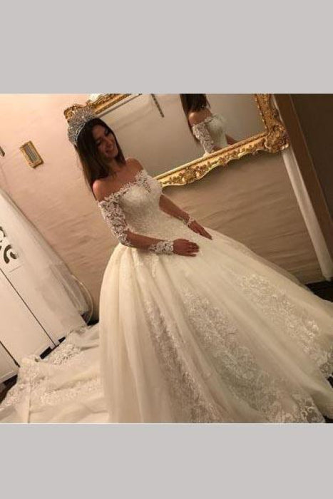 Luxury Off the Shoulder Long Sleeve Ball Gown Chapel Train Appliques Wedding Dress - Wedding Dresses