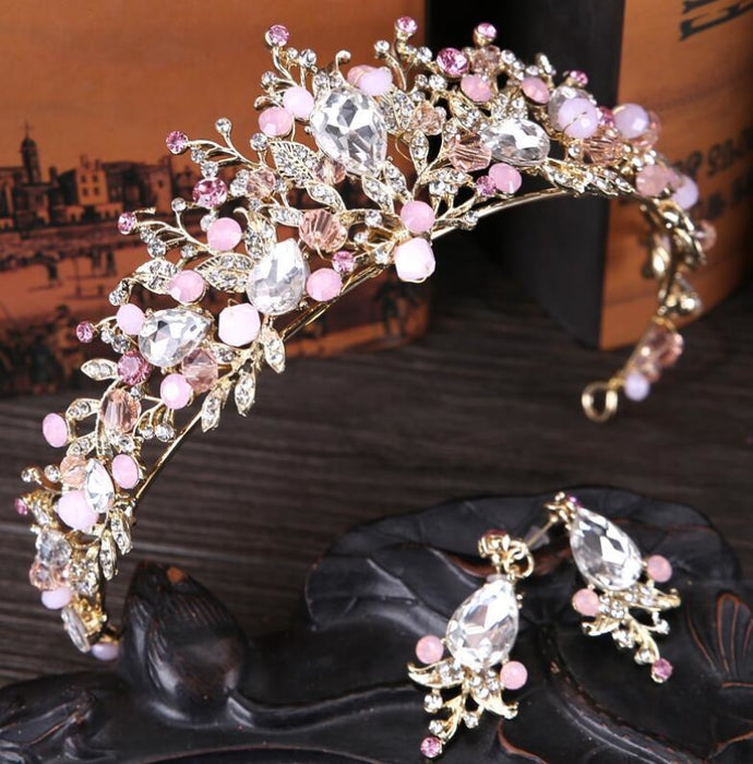 Luxury Pearl Queen Crown Womens Tiaras | Bridelily - Pink With Earrings - tiaras