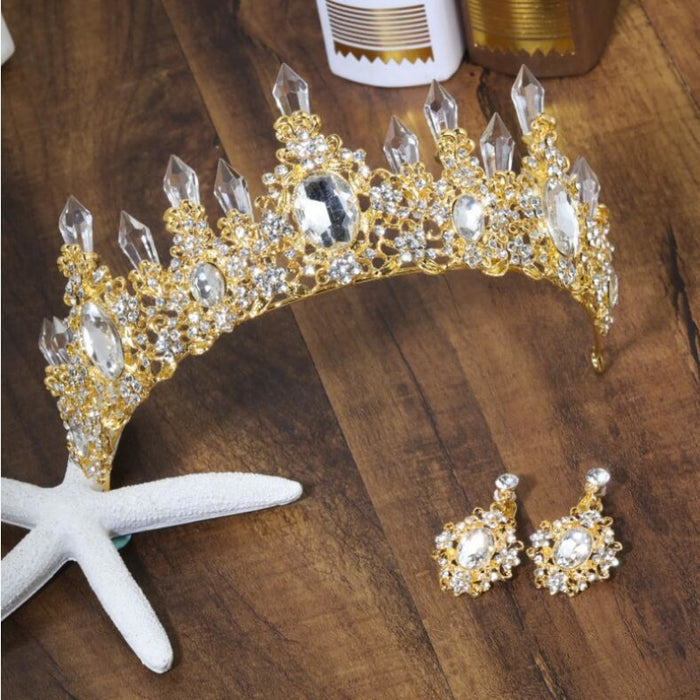 Luxury Rhinestone Crowns Womens Tiaras | Bridelily - Gold White - tiaras