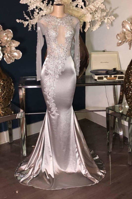 Luxury Sliver Long Sleeves Lace Appliques Mermaid Prom Dresses - Prom Dresses