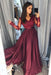 Maroon Long Sleeve V-neck Prom Dress Lace Banquet Gown with Slit - Prom Dresses