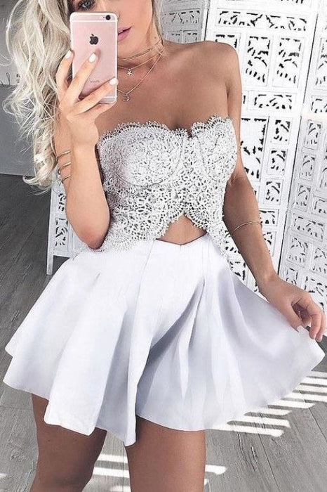 Marvelous Amazing Two Pieces Cheap Strapless Lace Homecoming Satin Short Prom Party Dress - Prom Dresses