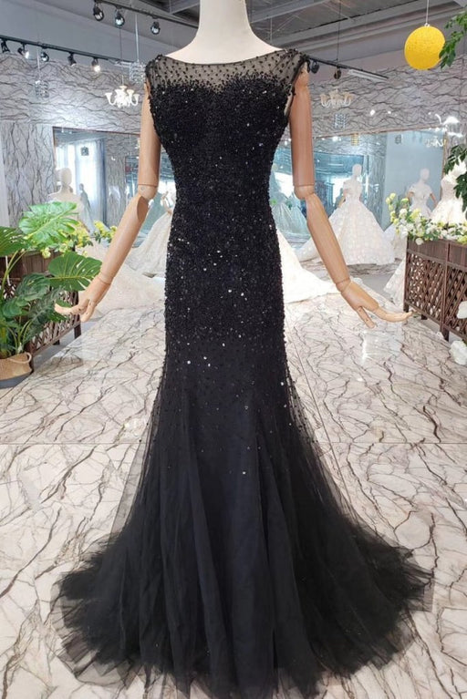 Marvelous Fabulous Excellent Black Mermaid Tulle Prom Dress with Sequins Sparkly Sleeveless Evening Dresses - Prom Dresses