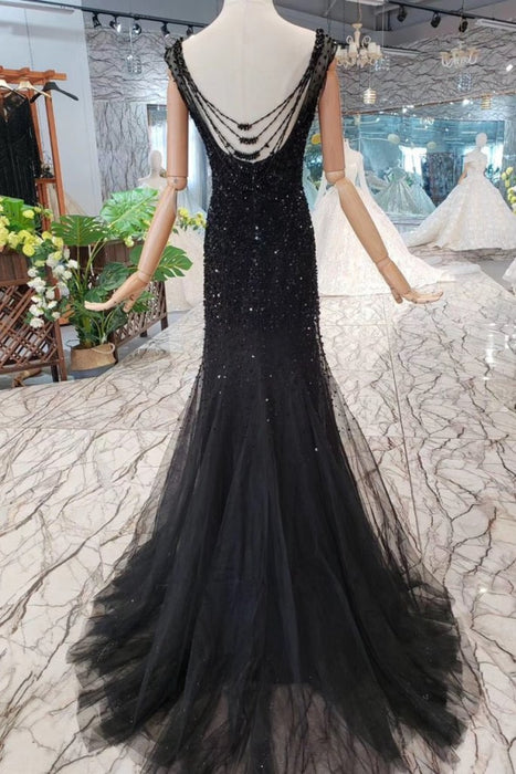 Marvelous Fabulous Excellent Black Mermaid Tulle Prom Dress with Sequins Sparkly Sleeveless Evening Dresses - Prom Dresses