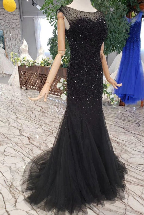 Marvelous Fabulous Excellent Black Mermaid Tulle Prom Dress with Sequins Sparkly Sleeveless Evening Dresses - Prom Dresses