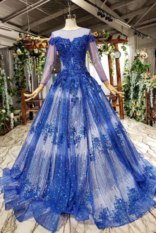Marvelous Glorious Marvelous Gorgeous Long Sleeve Sheer Neck Tulle Blue Applique Ball Gown Prom Dresses with Beads - Prom Dresses